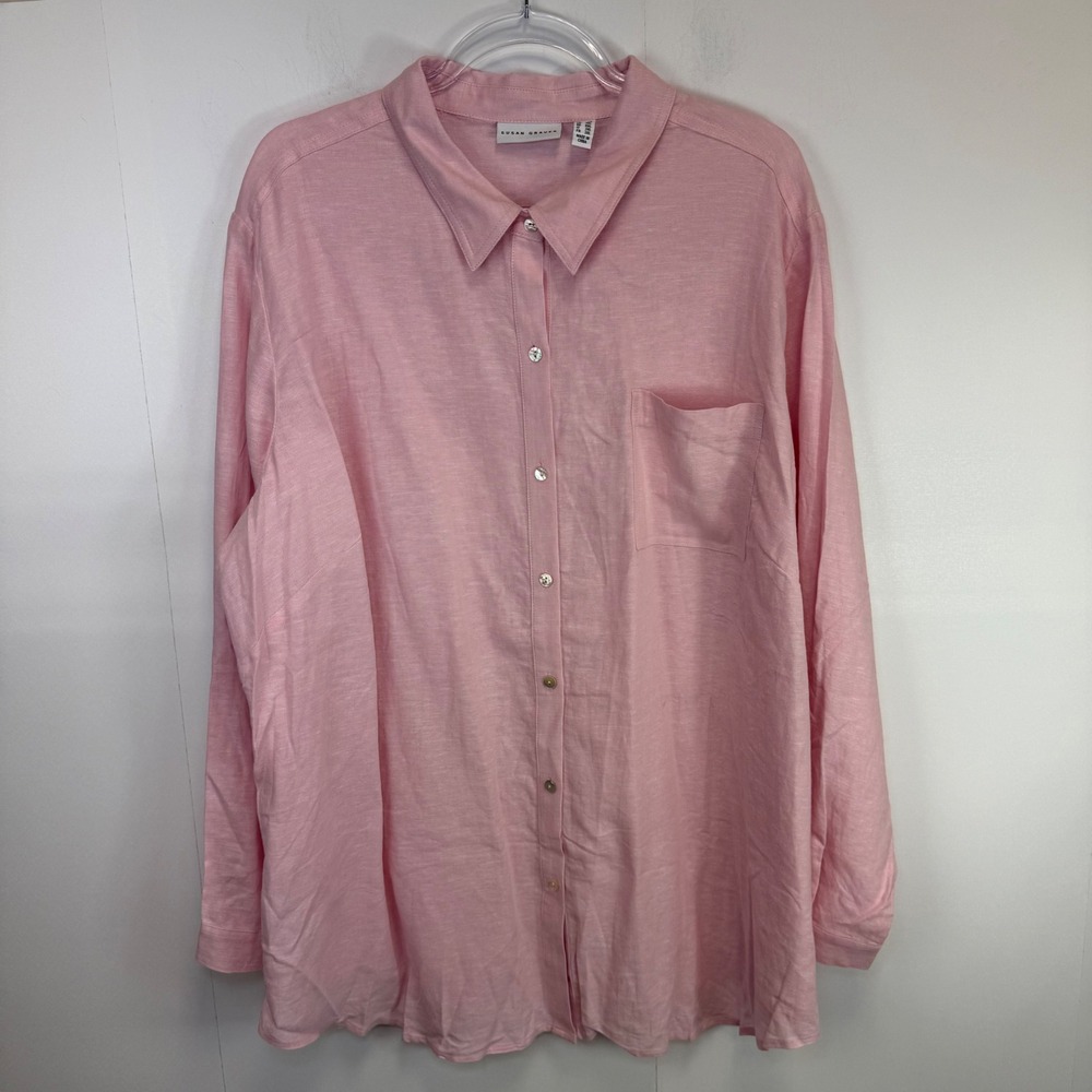 Susan Graver Linen Blend Pink Button-Up Shirt Long Sleeve 2X Vacation Resortwear